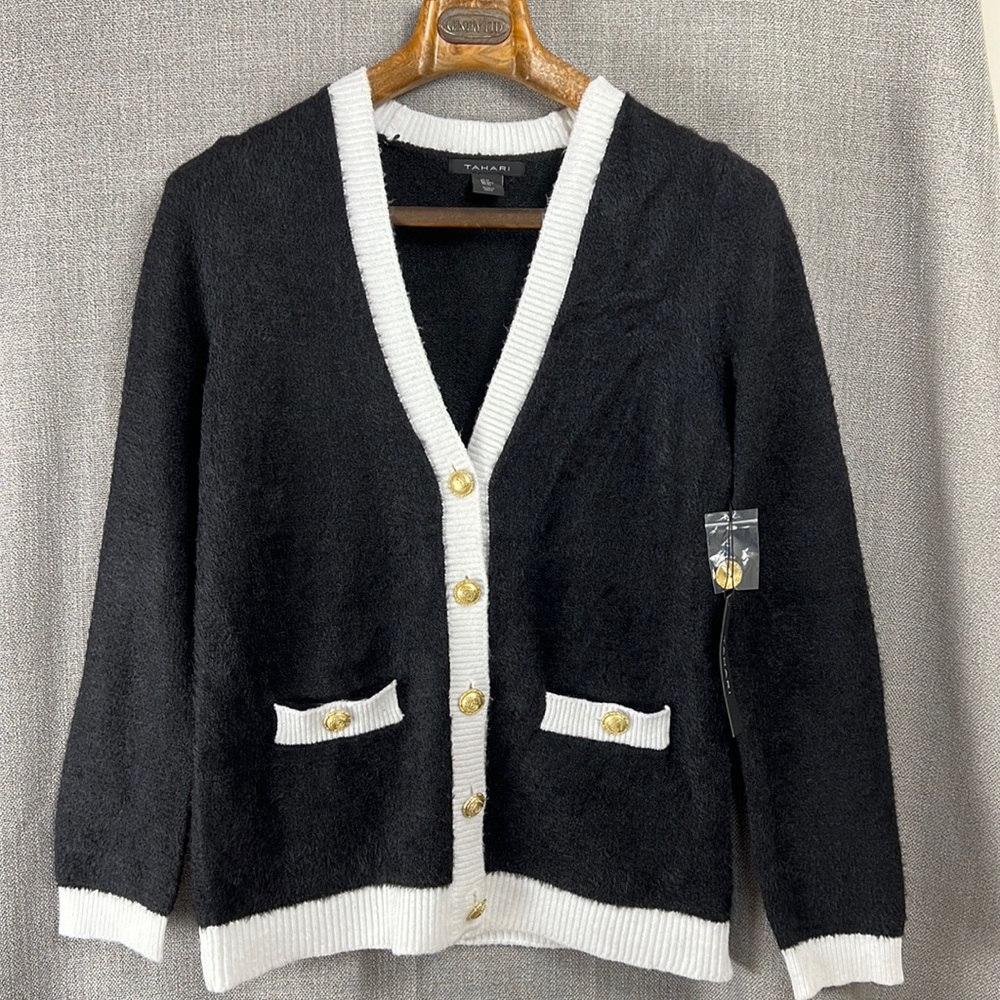NWT Tahari Knit Cardigan Sweater Black with Gold Buttons